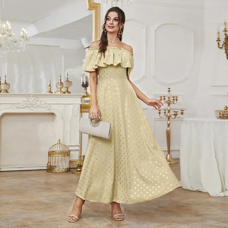 European and American Women's 2023 Summer New Fashion Elegant One Line Neck Solid Color Dress in Stock