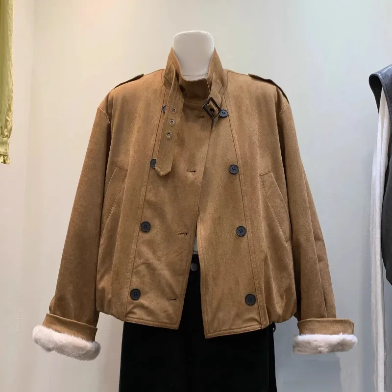 Fleece Thickened Double-Breasted Deerskin Fleece Jacket for Women's Winter Handsome Stand-up Collar Warm Short Trench Coat Tide