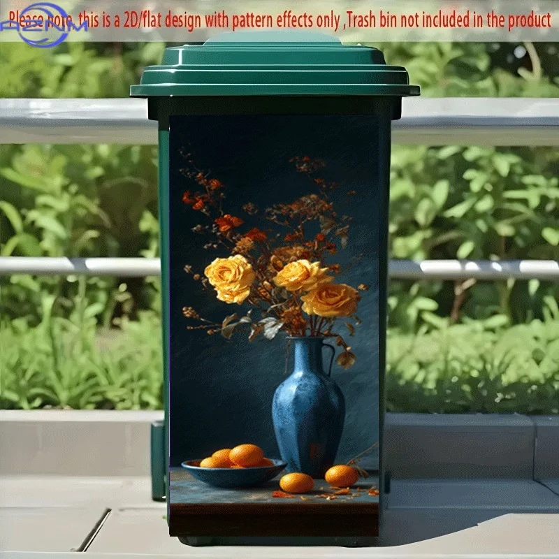 PC 2D Flat Self-Adhesive Trash Can Sticker, Blue Bottle Yellow Flower And Orange Fruit Decorative Sticker, Creative Trash Can