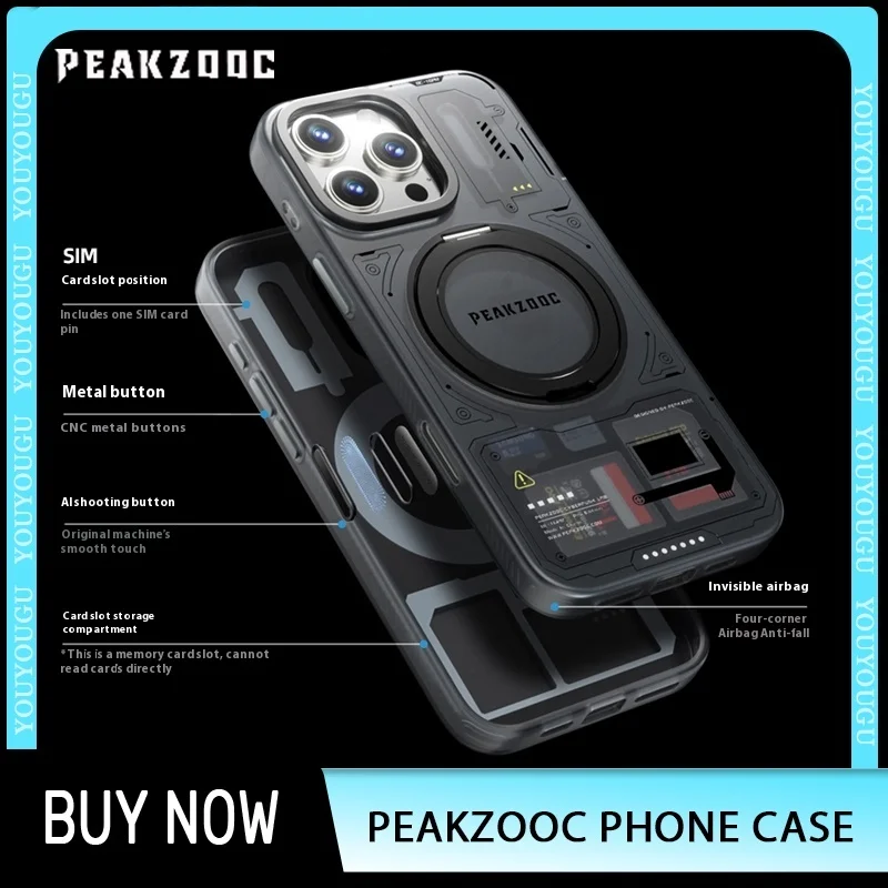 

Peakzooc Cyber Memory Card Phone Case Magnetic Bracket SIM Card/SD/TF/Memory Card Storage Manager for IPhone 15/16 Pro Max Gift
