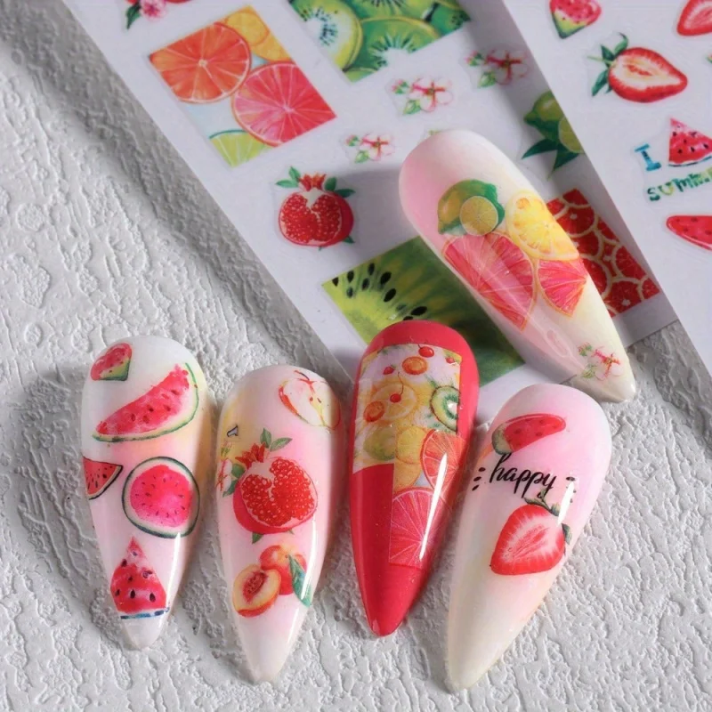 Set of 2 Fruit-Themed Nail Stickers Featuring Red Watermelon, Orange, And Ice Cream Designs for Easy Summer Nail Art Decoration