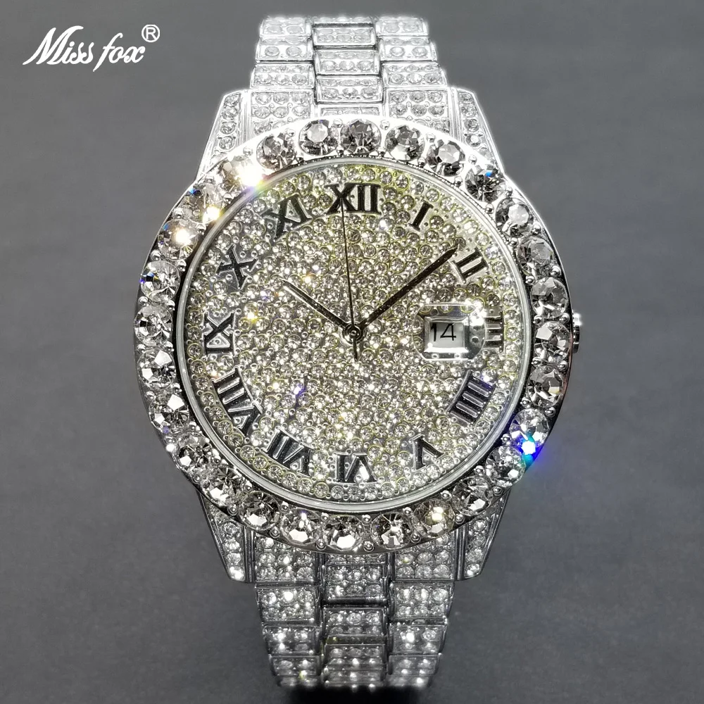 

Luxury Men Watch Fashion Roman Numerals Full Diamond Quartz Wristwatch Hip Hop Bling Bling Iced Out Waterproof Clock Gift 2022