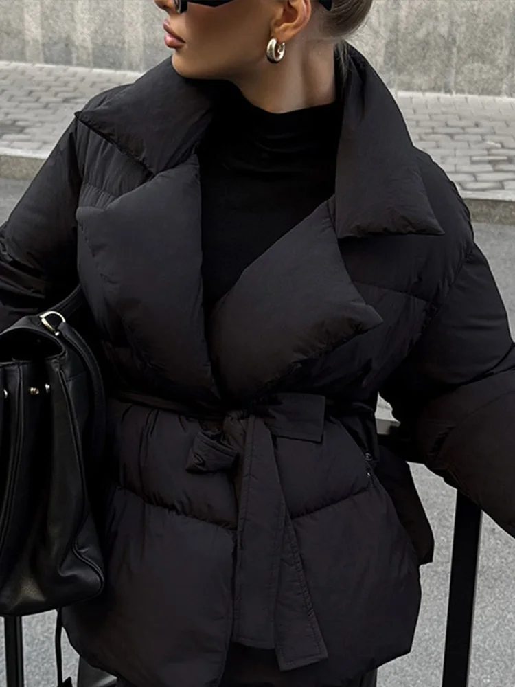 Casacos de algodão elegantes femininos lapela rendas até manga longa com bolso jaquetas curtas 2025 outono inverno engrossar quente senhora outerwears