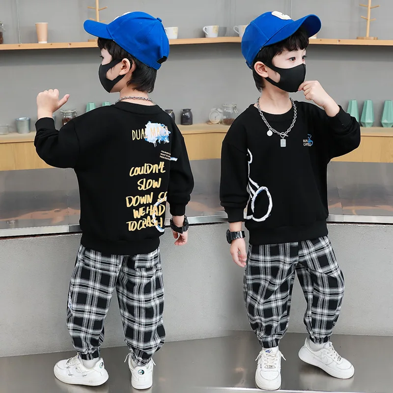 Spring Fall Boys Cotton Alphabet Cartoon Sweatshirt+Plaid Pant School Kids 2PCS Tracksuit Child Jogger Outfit Workout Set 5-14Yr