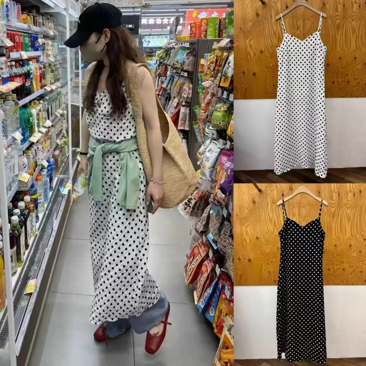 Vestido Retro de Alças em V Verão 2025 Estampa de Poá em Camadas Moda Fena Casual Sem Mangas