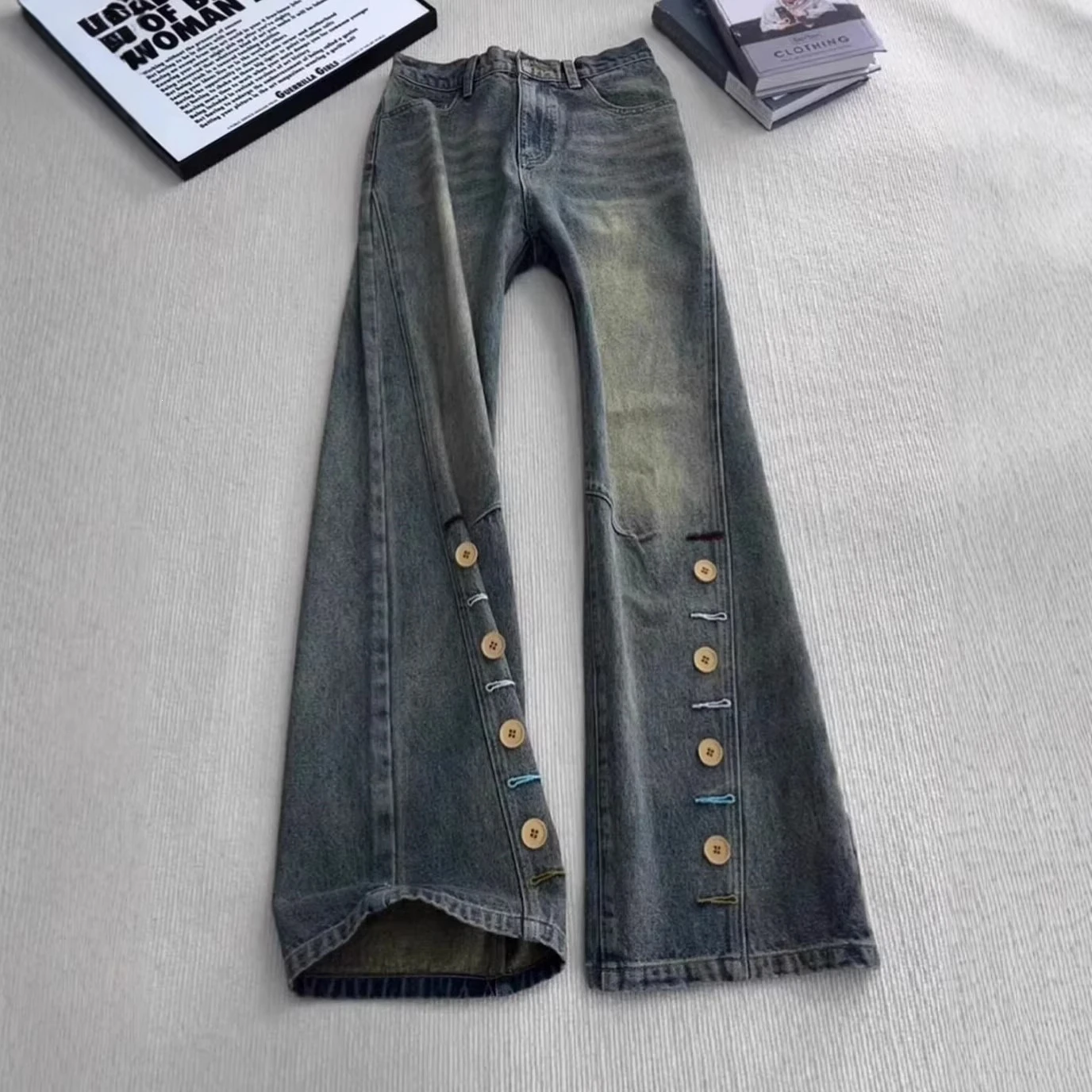 Vintage Blue Button Placket Embroidered Jeans Unisex Mid Rise Straight Leg Micro Flare Pants American High Street Denim Trousers
