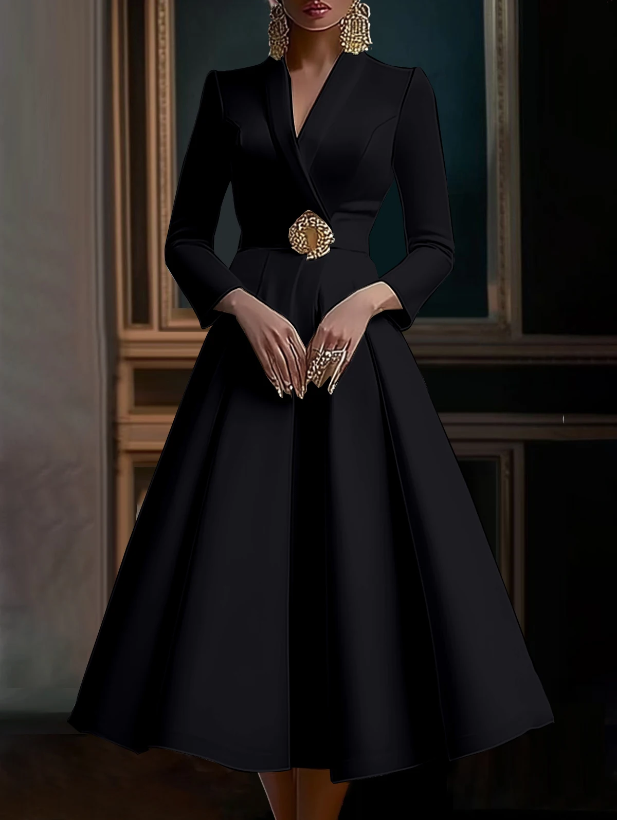 Elegant Pleated Women Dress Long Fashion A-Line Evening Party Dresses Long Sleeve V-neck Solid High Quality Vestidos Femme 2025