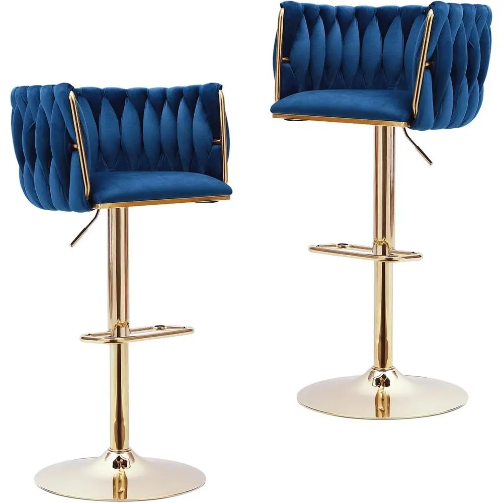 Velvet Bar Stools Set o 2 Swivel Counter Height Bar Stools with Woven Back and ootrest or Kitchen Island, Cae, Pub (Blue)