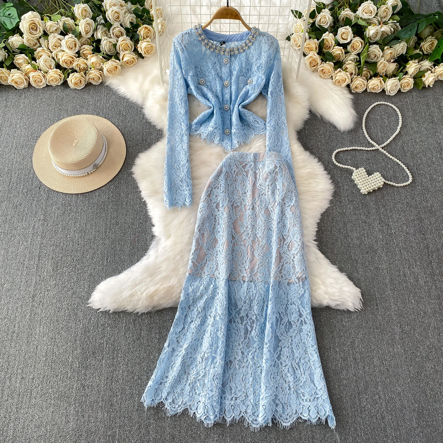 

Chic vintage Ruched rhinestone O-Neck Pockets Spliced Elegant Fairy kmermaid dress women clothing Long dress