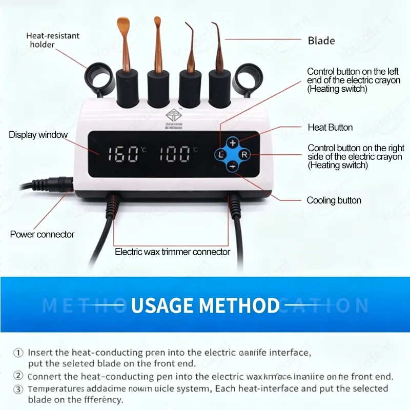 Dental Electric Wax Carver Set 100-200°C Adjustable Temp Dual Pen Digital Waxer with 6 Tips for Dental Lab Wax Modeling