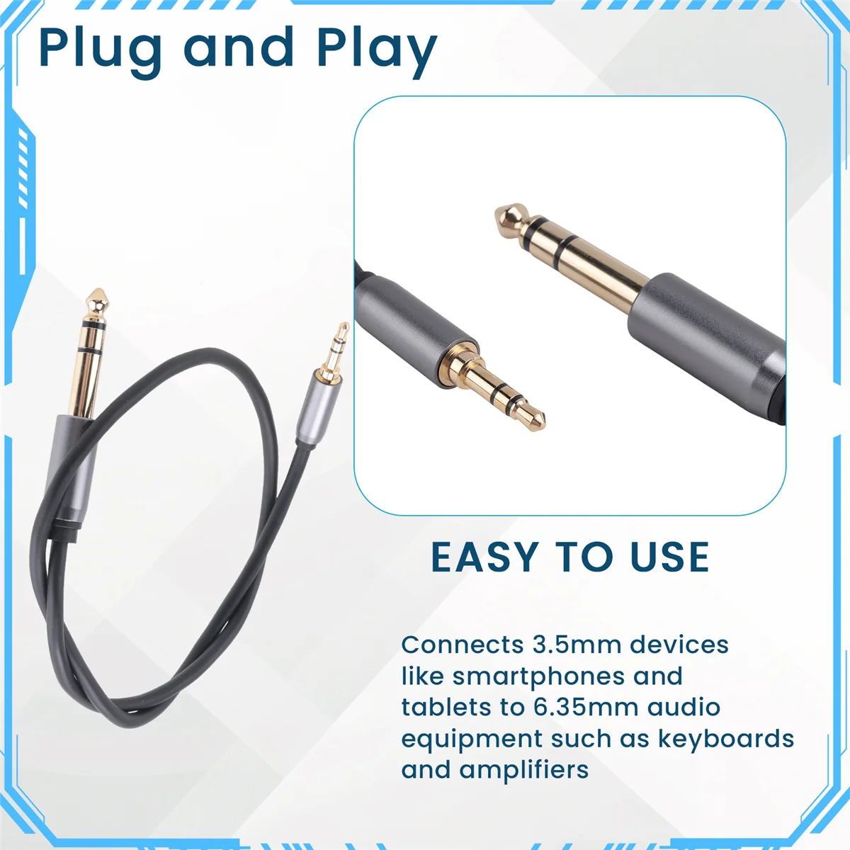 SVFE-gKabel Aux Jack 6.35mm hingga 3.5mm Kualitas Tinggi untuk Keyboard Elektronik Mixer Gitar Konektor Audio Suara Stereo
