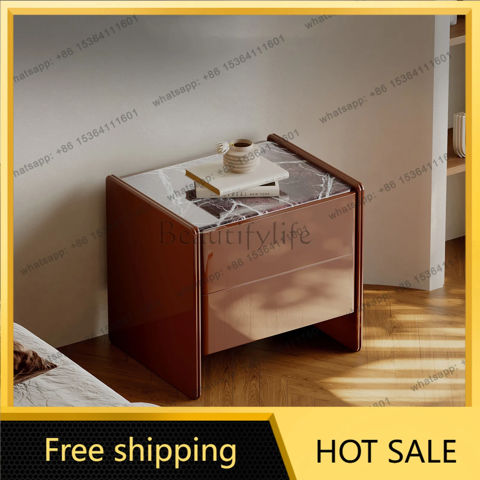 YJ Italian Luxury High‑Gloss Lacquered Marble Nightstand Drawer Storage Bedside Cabinet For Modern High‑End Home Bedroom