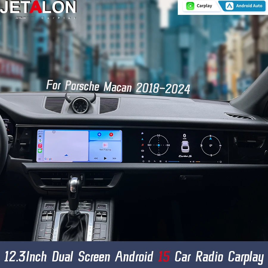 

12,3-дюймовый двойной экран Android15, автомобильный мультимедийный видеоплеер Carplay для Porsche Macan 2018-2024, GPS-навигация, радио, 4G, встроенный 360°