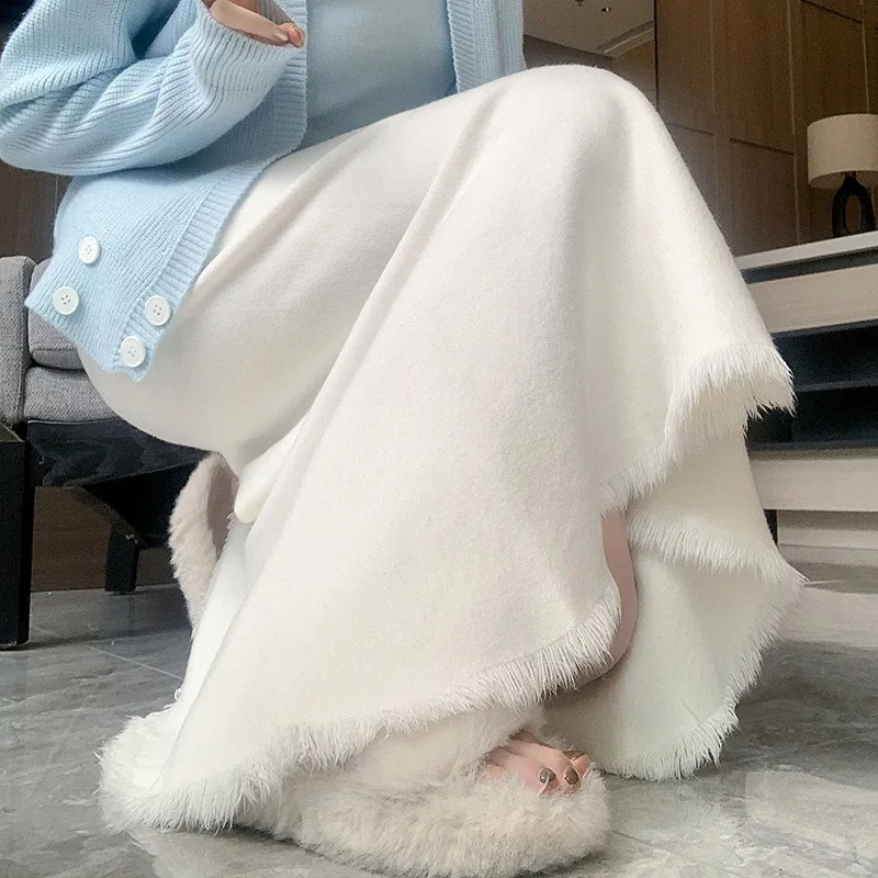 

2024 Autumn Winter New High Waist, Slim Medium Length High Sense Tassel Knitted Long Skirt