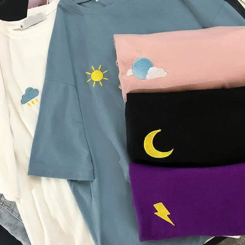 الكورية الطقس التطريز فضفاض الأساسية تي شيرت الصيف قصيرة الأكمام بسيطة تي شيرت للنساء harajuku Kawaii مضحك طالب التي شيرت