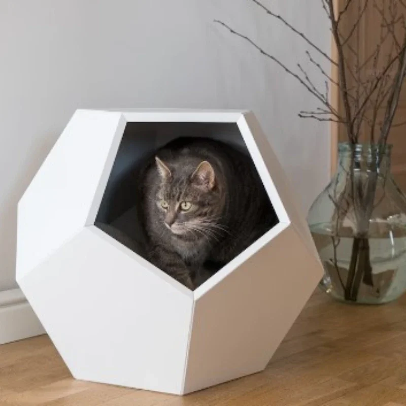 Design walnut wood tree veneered mdf Cat Bed Cave Geometric Side Table Premium Designer Cat Furniture Cat House