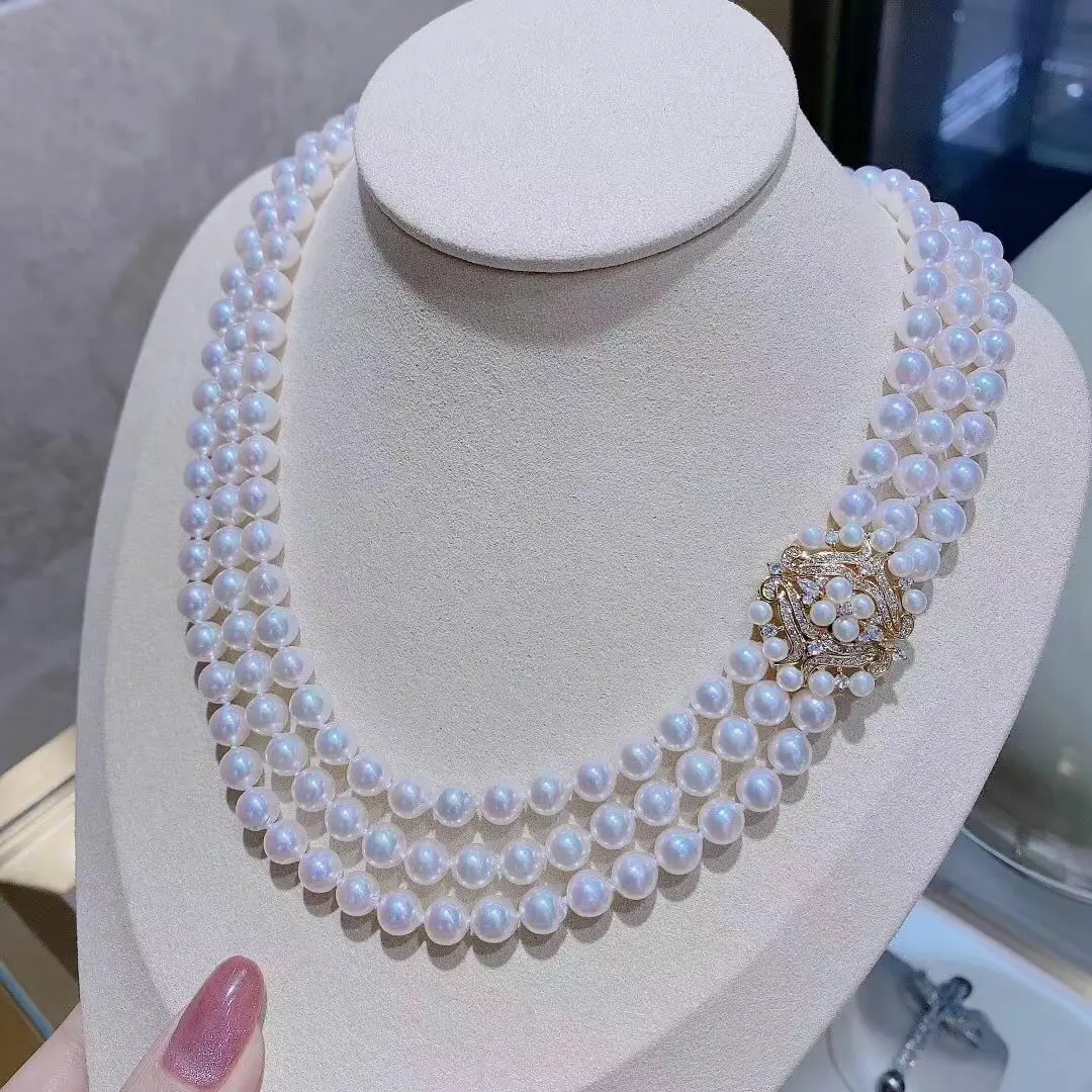 

Classic Triple Strands 8- 9mm South Sea White Pearl Necklace 17-20''