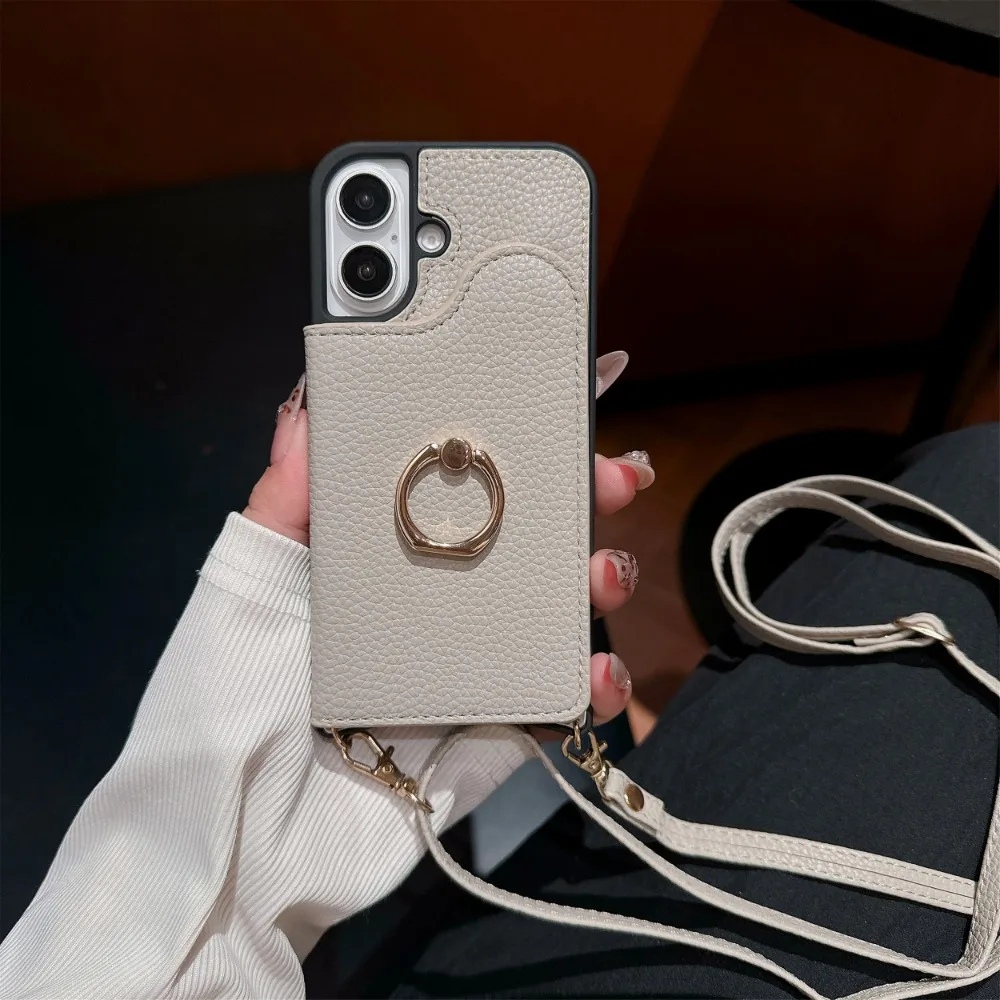 

Crossbody Rope Ring Stand Phone Case for IPhone 16 15 14 13 12 11 Pro Max X XR 7 8 Plus Leather Wallet with Card Holder Cover