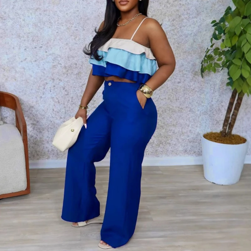 

Two Pieces Sets Women Spliced Pant Sets Ruffles Matching Set Sleeveless High Waist Wide Leg Pants Loose Casual 2026 Summer