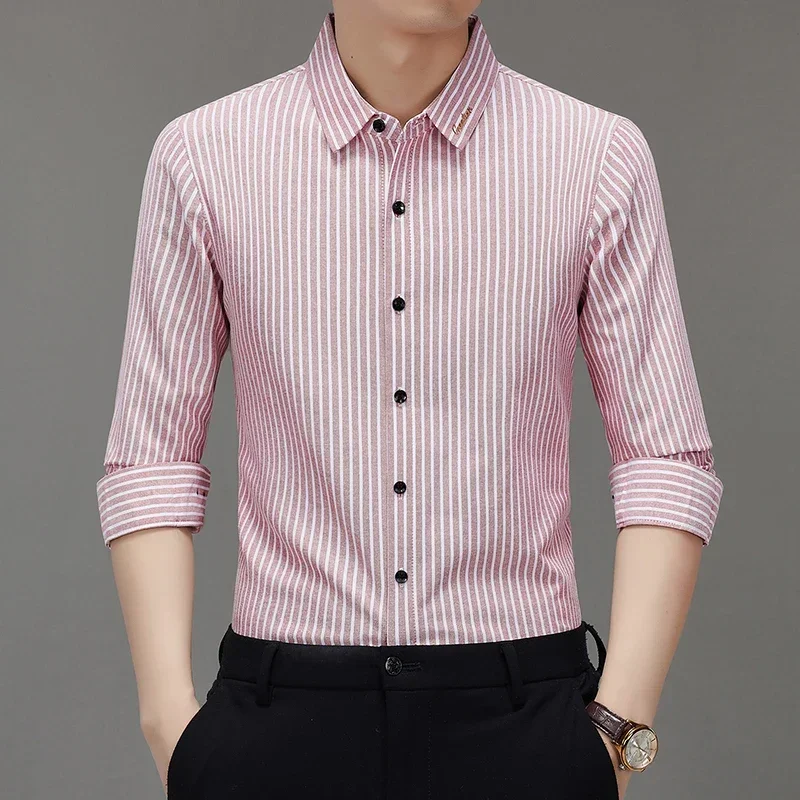 

2025 Men's Long Sleeved Shirt Striped Lapel Fashionable Shirt Tops Men Clothing