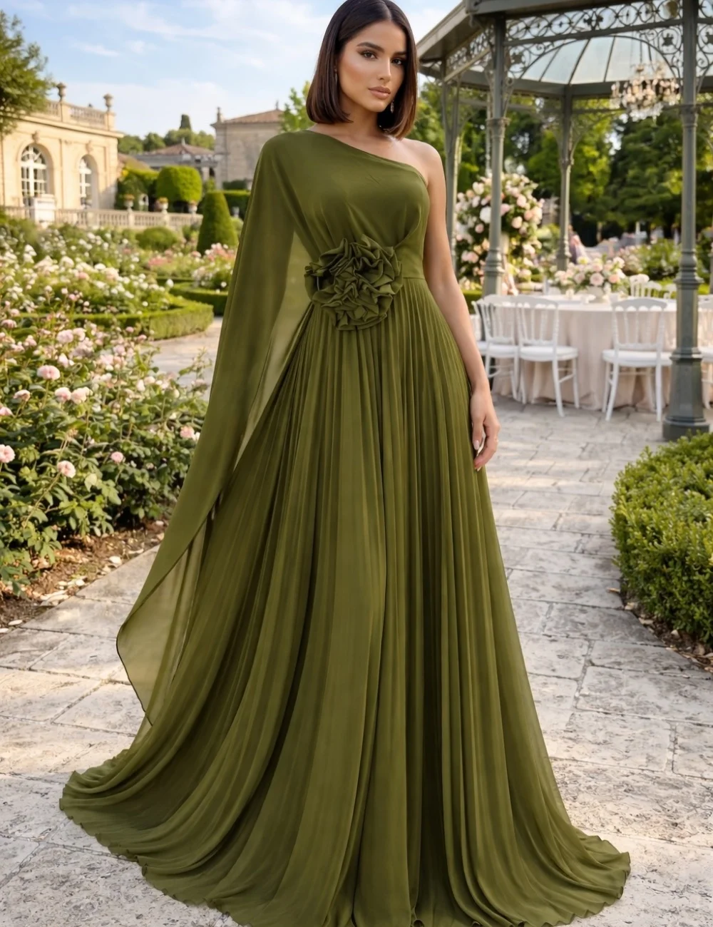 

Customized Modest Fashion Green Pleat Draped Handmade Flower A-line One-shoulder Floor-Length Evening Dresses for Woman