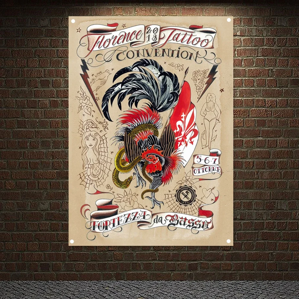 Florence Tattoo Convention Banners Wall Hanging Skull Art Flag Canvas Painting Bar Cafe Home Decor Scary Bloody Posters Tapestry