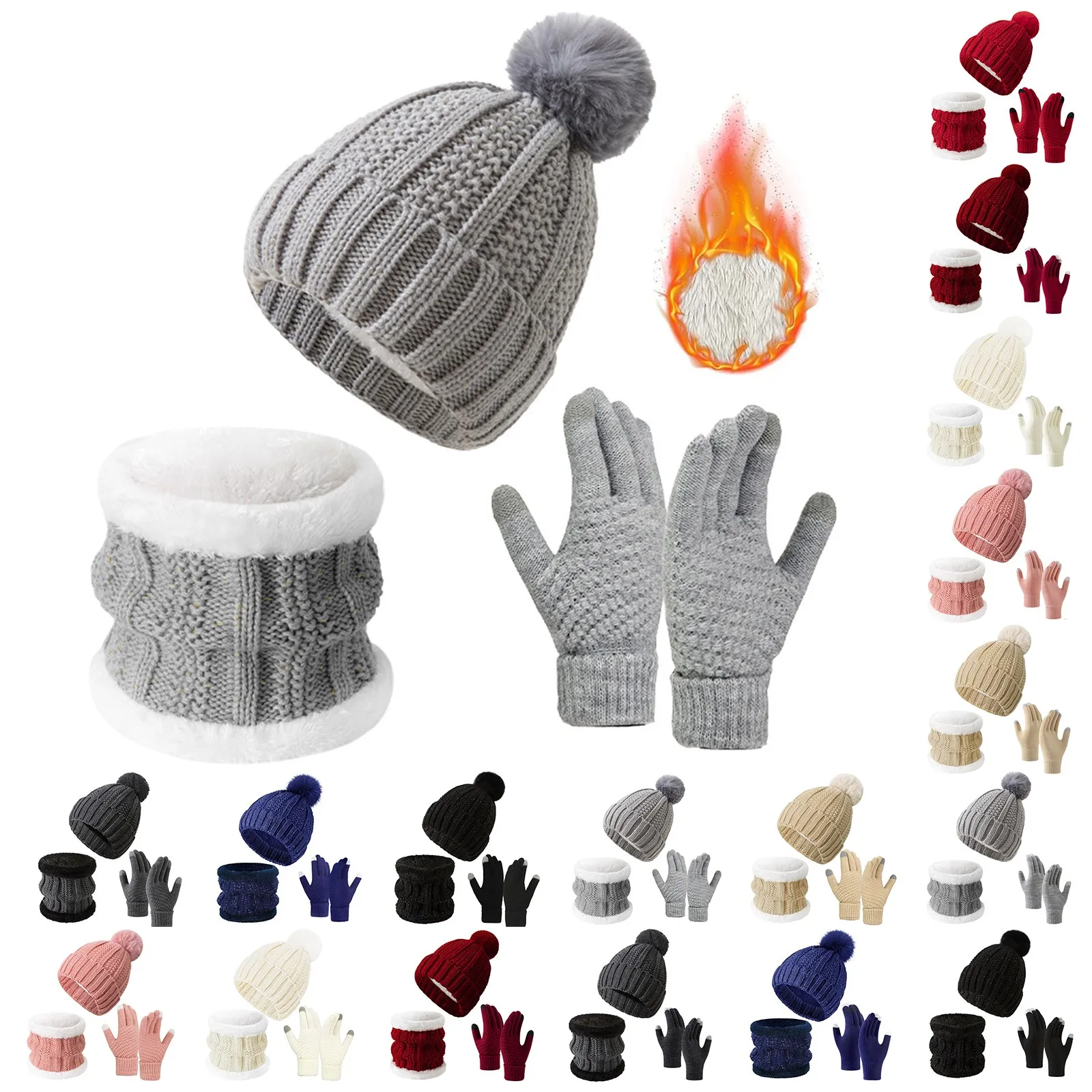 Damen Wintermütze, Schal, Handschuh-Set, Fleece-gefüttert, Strickmütze, warmer langer Schal, Winter-3-teiliges Set, Handschuhe, Schal-Set für Jungen