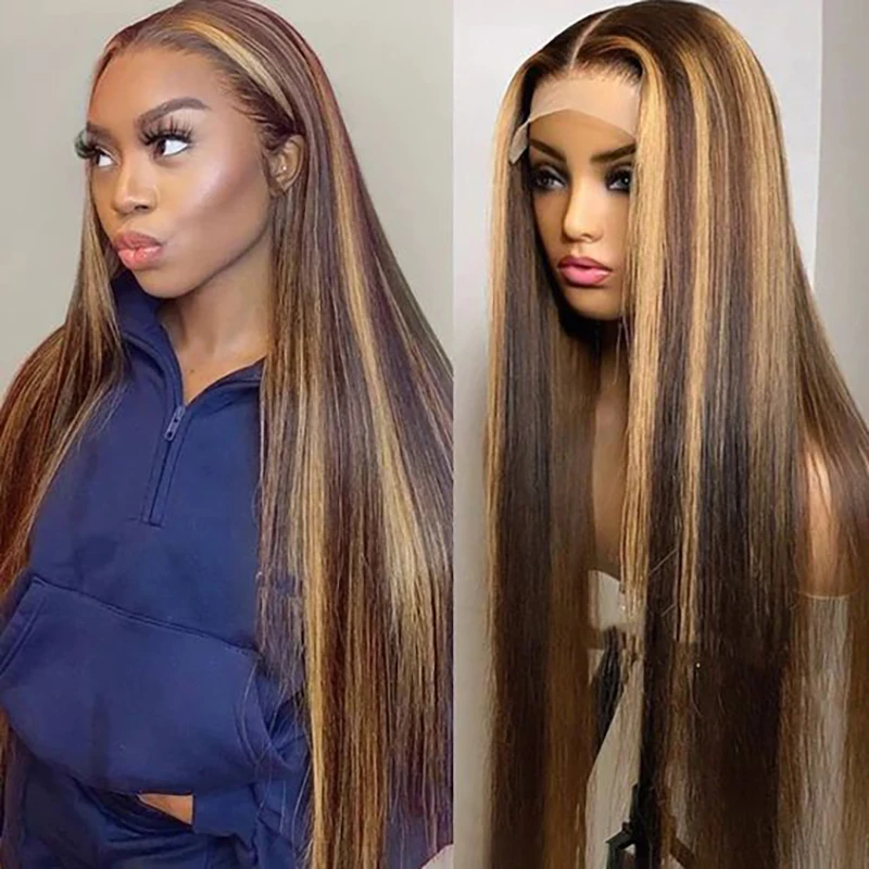 Honey Blonde Straight Lace Frontal Perucas, Pré Arrancado Cabelo Humano, Ombre Destaque Peruca, 30 ", 4 27, 13x4