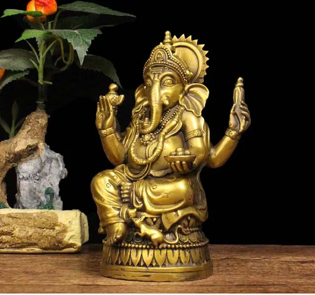 17CM Large # Asia India Thailand Greco-Buddhist HOME CAR Talisman Retro bronze Ganesha God of wealth Buddha statue