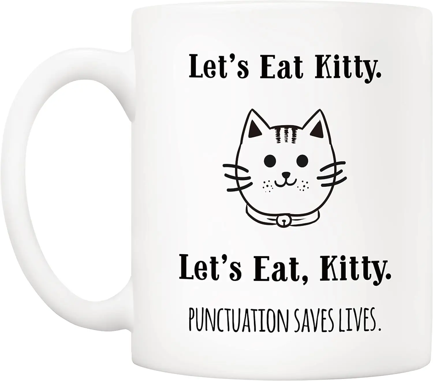 Christmas gift funny grammar coffee cup, let's eat together kitten punctuation save life mug 320ML, holiday gift for friends