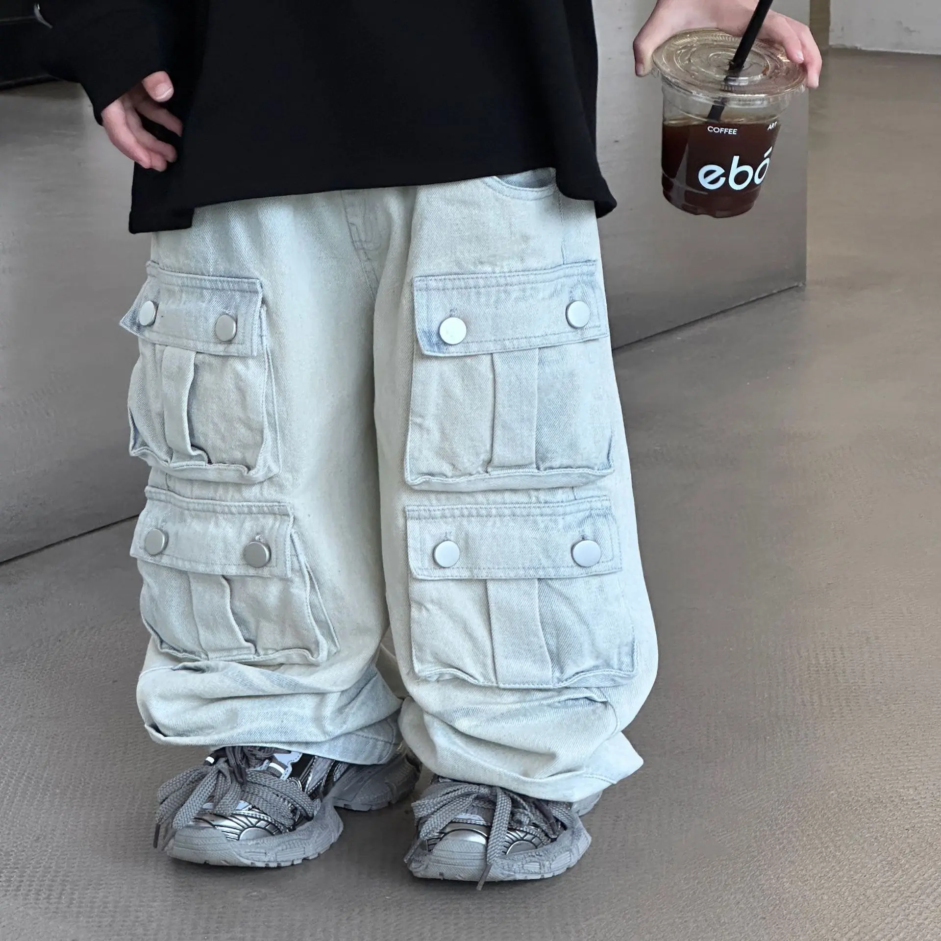 Baby Boys Loose Pants Spring Denim Trousers for Children Korean Toddler Baby Clothes Multi-Pocket Jeans Cargo Pants 2 -8 Years