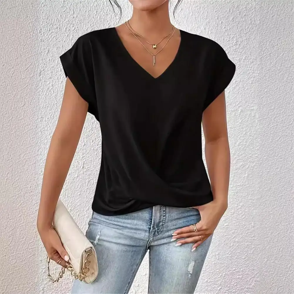 Summer Solid Color Shirts Short-sleeved Top Stylish Summer V Neck Blouses for Women Breathable Tops for Jeans Skirts for Ladies