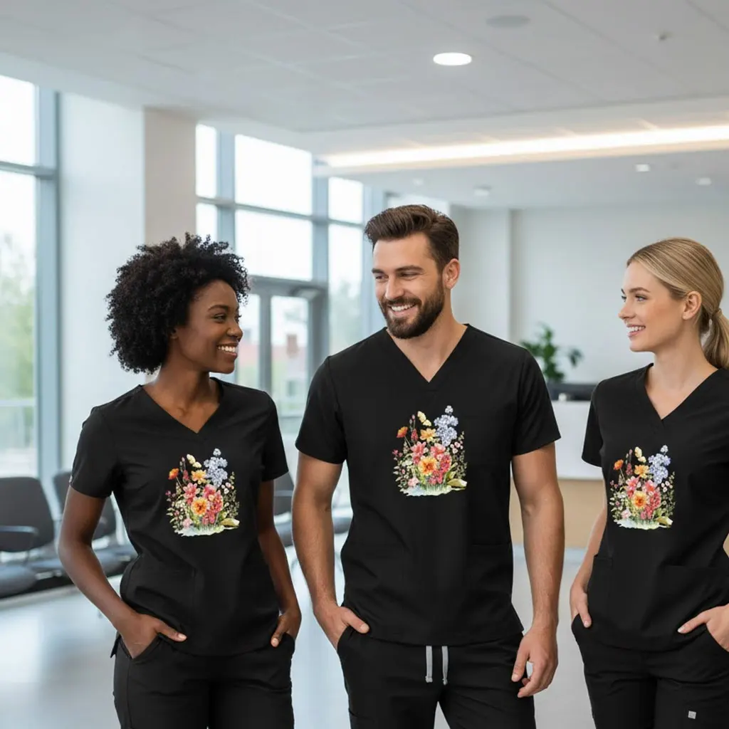 

2026 Exclusive Custom Floral Print Medical Scrubs Set - Summer Thin Stretchy Quick-Dry Comfortable Nurse Uniform for Women