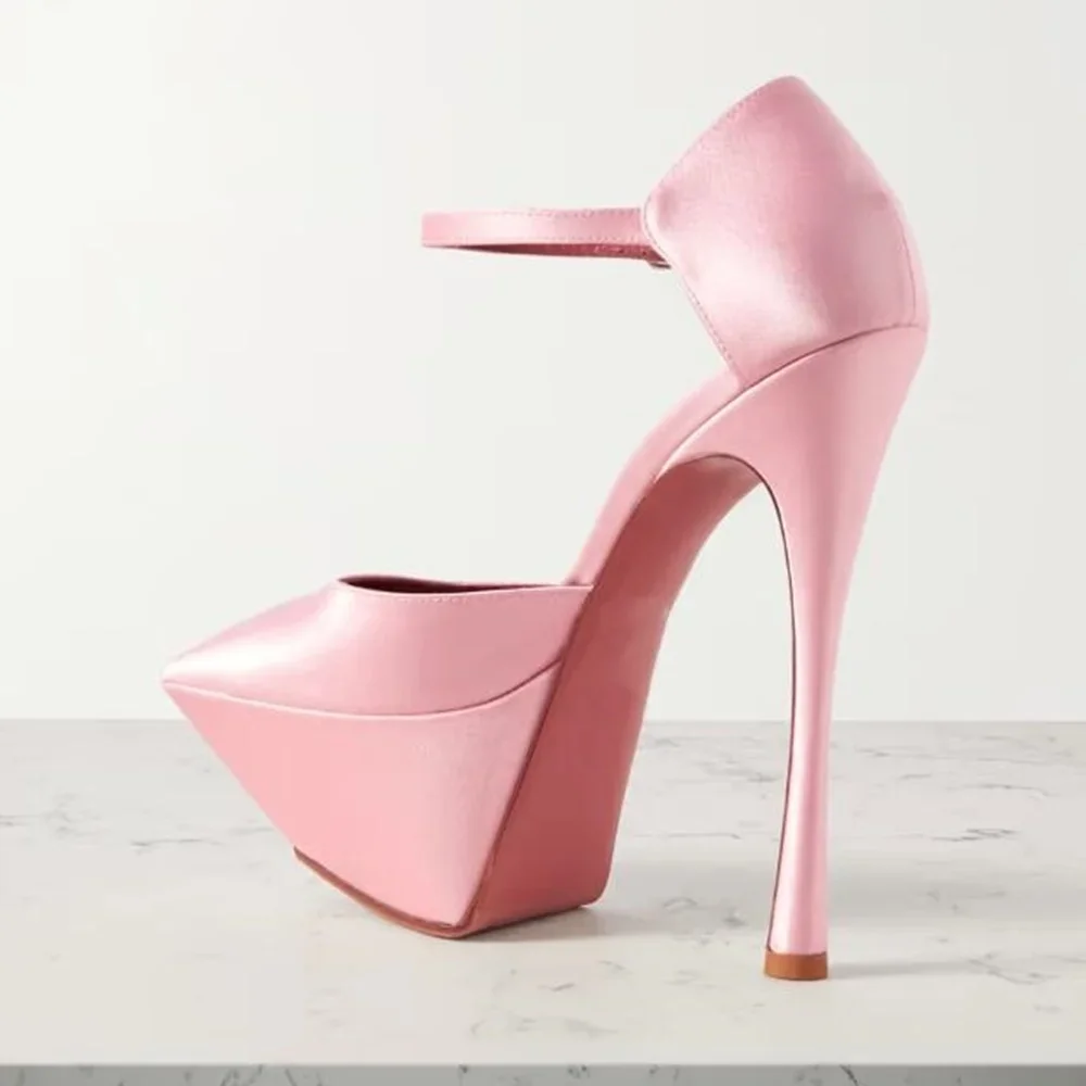 Stiletto Heels Women\'s Sandals 2024 Black Satin Platform Sandals Pointed Toe New Ankle Buckle Solid Summer 2024 New Elegant