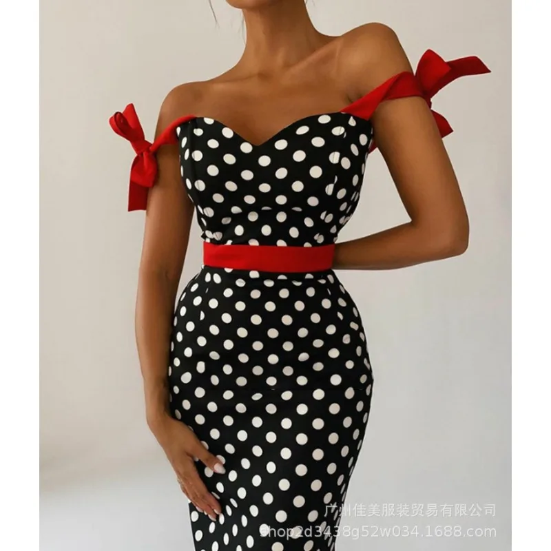 Polka Dots Camis Dress Sexy Sheath Contrast Summer Sheath Sweat Dress Women Off-Shoulder Fitted Waist Patchwork Dress