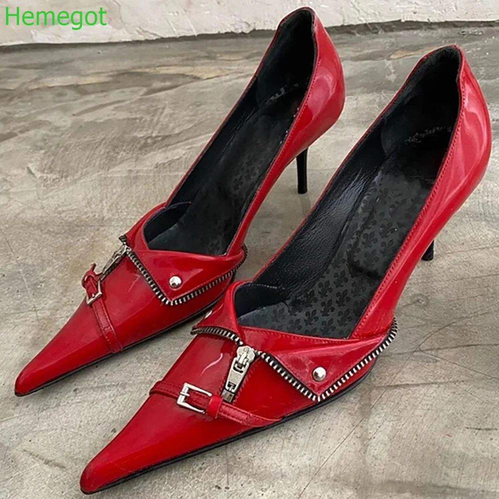 

Retro Pointed Toe Red Pumps 2024 Summer New Sexy Buckle Strap Zipper Decorative Thin Heel Slip On Fashion Women High Heels