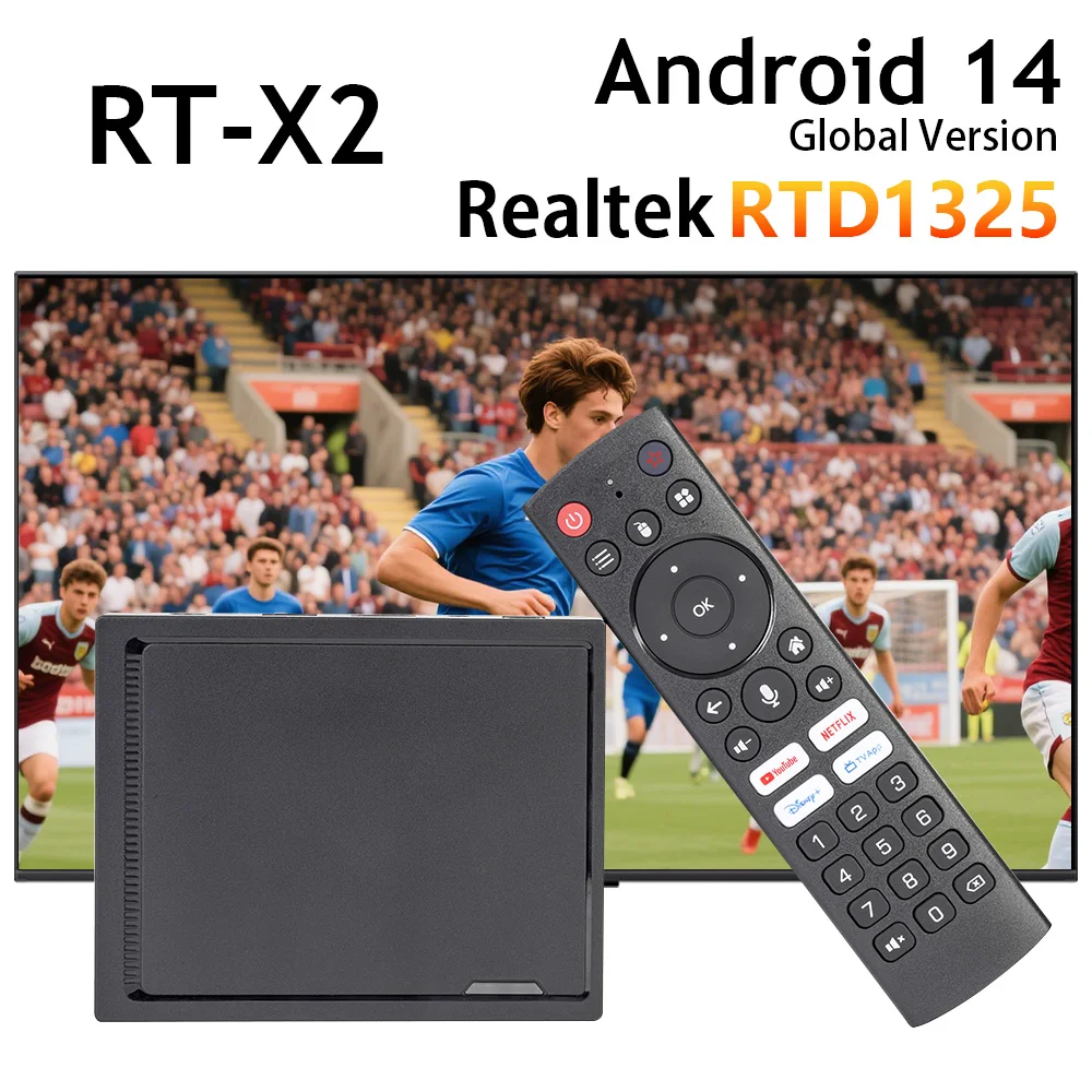 RT-X2 Android 14 TV Box Realtek RTD1325 CPU Support AI-PQ AI-SR Set Top Box Android 14.0 1000M 2T2R Wifi5 BT5.2 Media Player