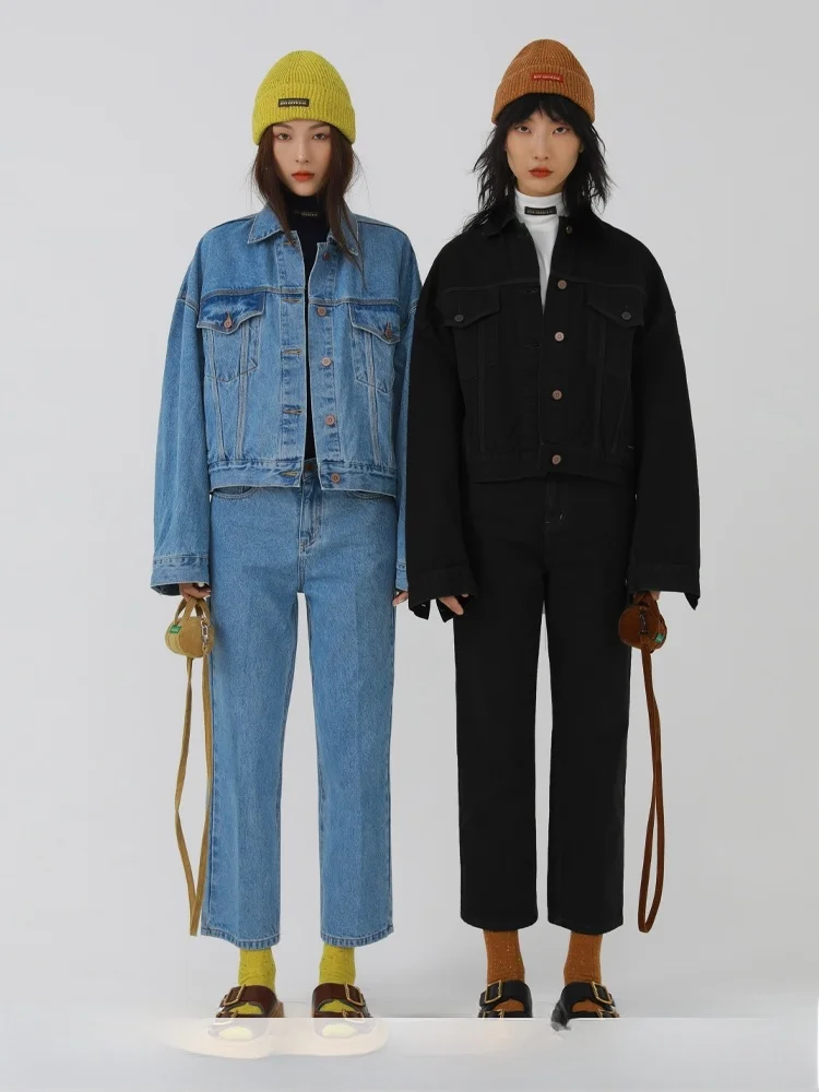 

Классический возвращенный DNT корейский огонь простой, но модный джинсовый комплект Long Sve Evereen Sle хлопок для поездок на работу ветер свободный крой