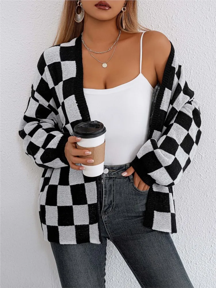 Vrouwen Mode Nieuwe Breien Vest Losse Trui Jas 2025, Herfst Winter Casual V-hals Plaid Print Patchwork Trui Bovenkleding