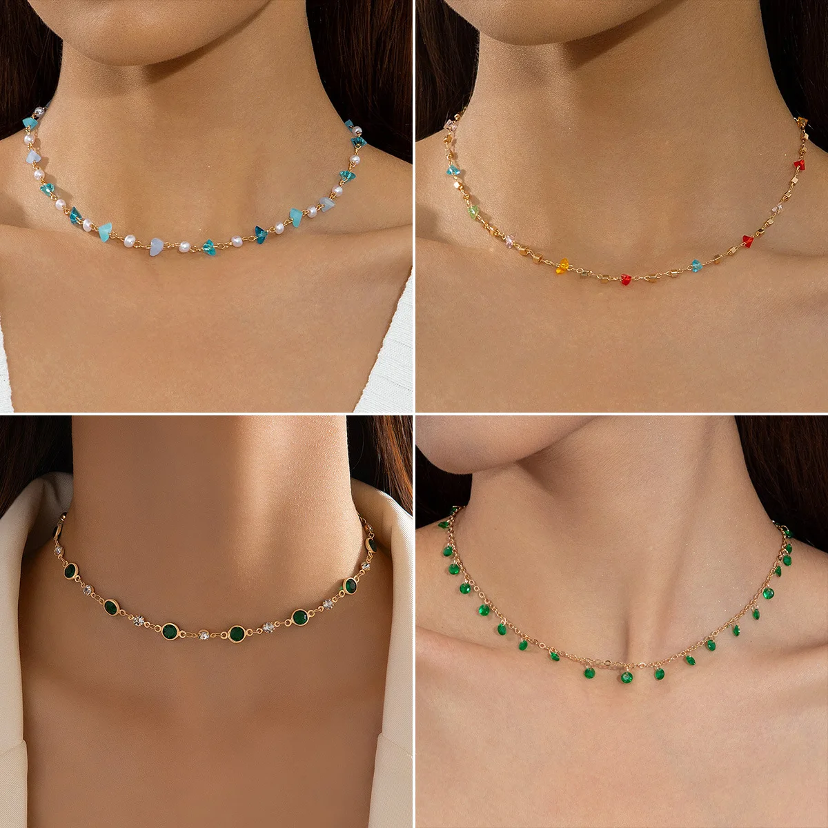 Popular Jewelry Simple All-match Japanese and Korean Green Beaded Sugar Round Beaded Necklace Pendant