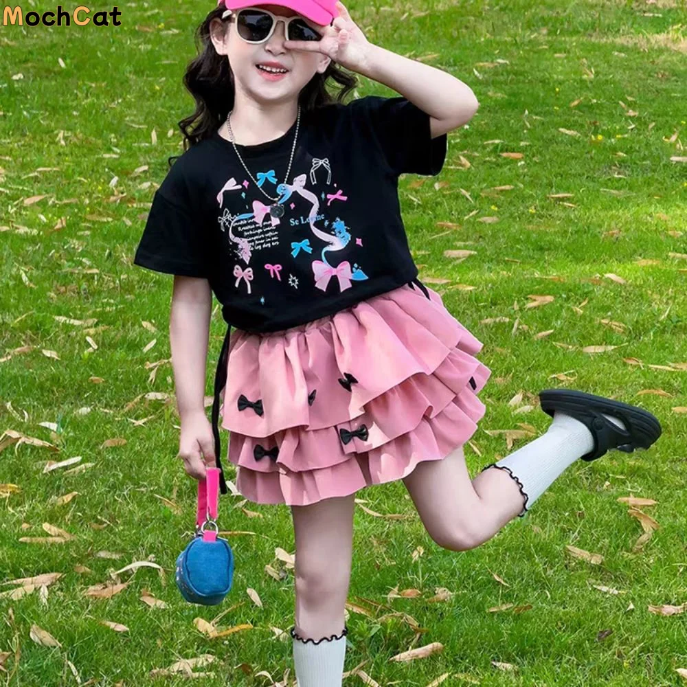 

Two Pieces Set Y2K Bow Children Cake Skirt Set Slim Fit Pleated T-shirt Skirt Suit Teenagers Sweet Girls Clothes Set Summer