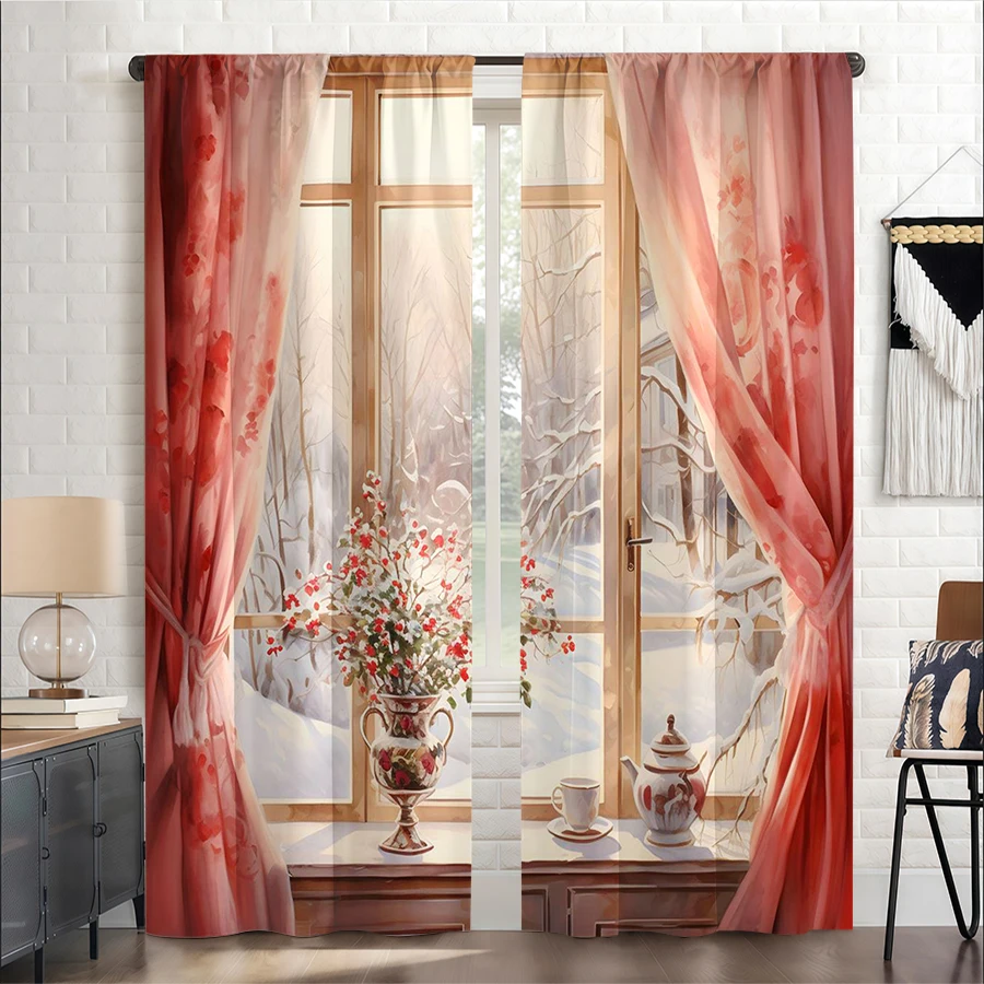 2PCS Christmas Winter Curtains, Window Snowy Red Berry Vase, Digital Print, Bedroom Living Room, Home Decor Window Drapes