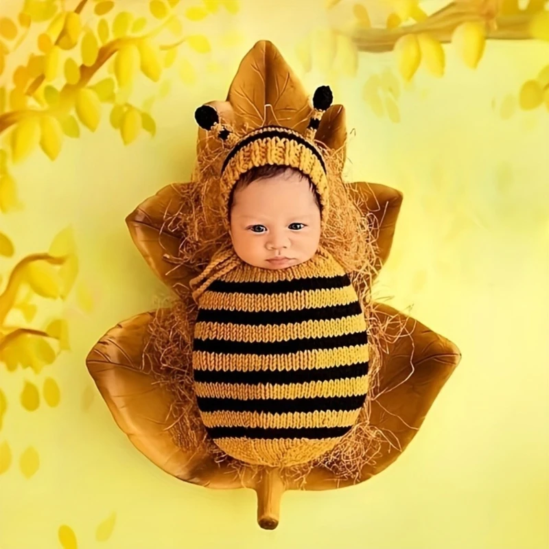 

0-2M Lovely Baby Boys Girls Bee Romper Stripe Printed Sleeveless Jumpsuits with Hat Knitted Clothes Outfits Photo Props