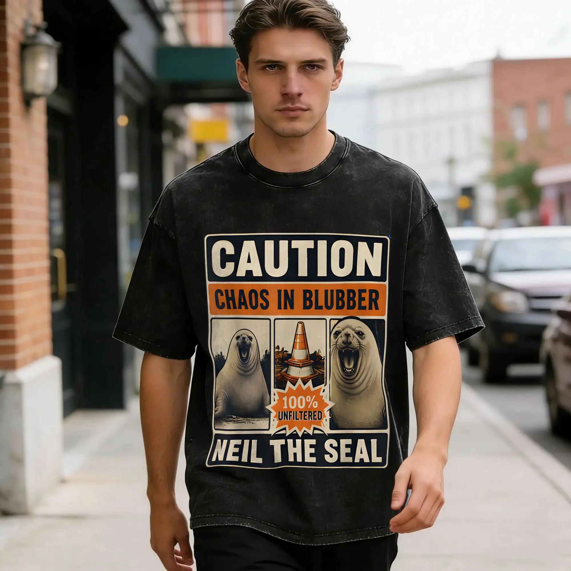 Neil the Seal  Men's T Shirt Washed  Casual Tees Short Sleeve Crew Neck T-Shirt 100% Cotton Summer Tops