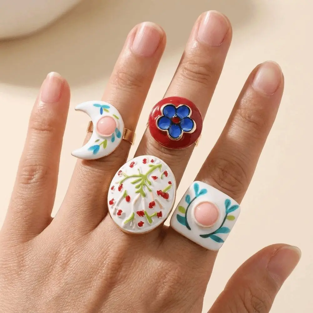 Simple Alloy Flower Open Ring Crescent Shape Geometric Elegant Drip Oil Ring Round Heart Versatile Design Adjustable Ring