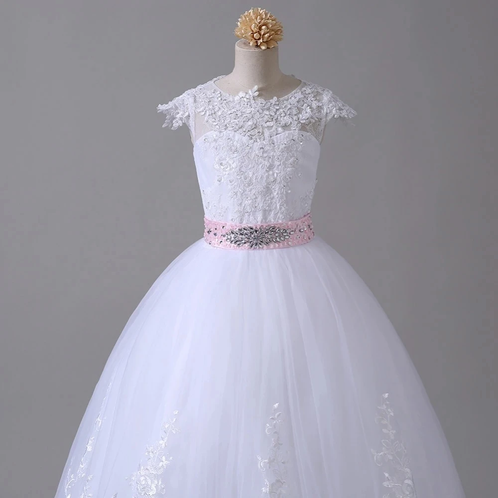 Vestidos de flores para niña, vestido de baile para boda, apliques de tul con lazo de cuentas, vestidos largos de primera comunión para niña, niños pequeños