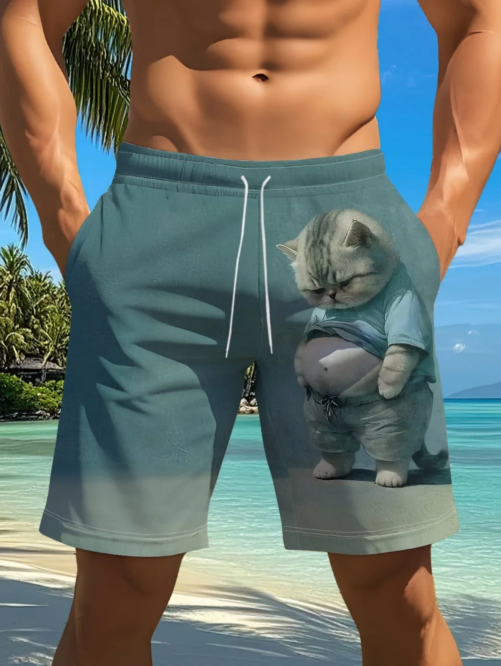 Funny Animal Cat 3D Print Men's Casual Shorts Breathable Drawstring Swim Trunks Cat Pattern Summer Sportwear Shorts Man Clothing