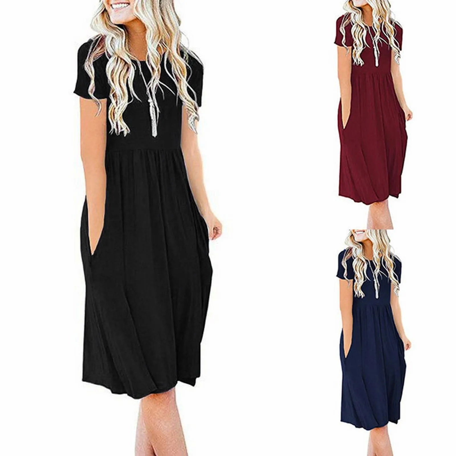 

Women's Summer Casual Short Sleeve Dress With Pocket Round Neck Knit