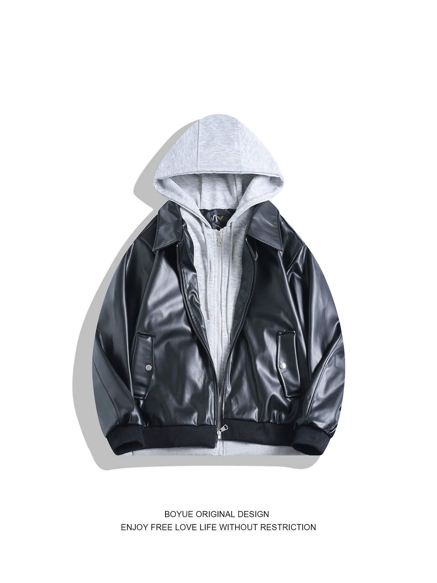 

Boyue American Sle Faux Two-Piece Hooded Leather Jaet Youthful Biker Personali Hip Hop Men's Jaet Casual Loose Fit