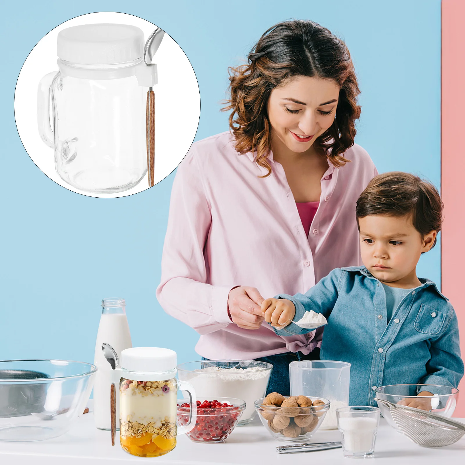 

Overnight Oats Glass Container Spoon Portable Breakfast Cup Anti-Leak Porridge Jar Creative Oatmeal Storage 1Set